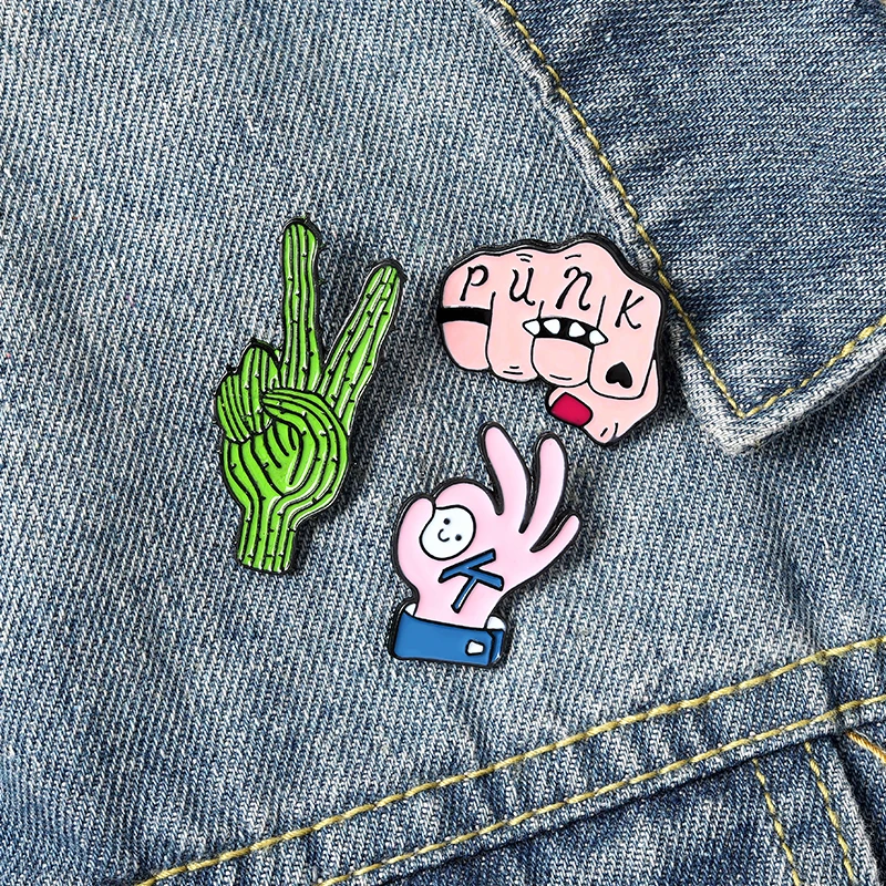 

Victory Cactus OK Fist Brooch Gesture Sign Enamel Pins Backpack Clothes Lapel Pin Badge Funny Jewelry Gift for Friends Wholesale