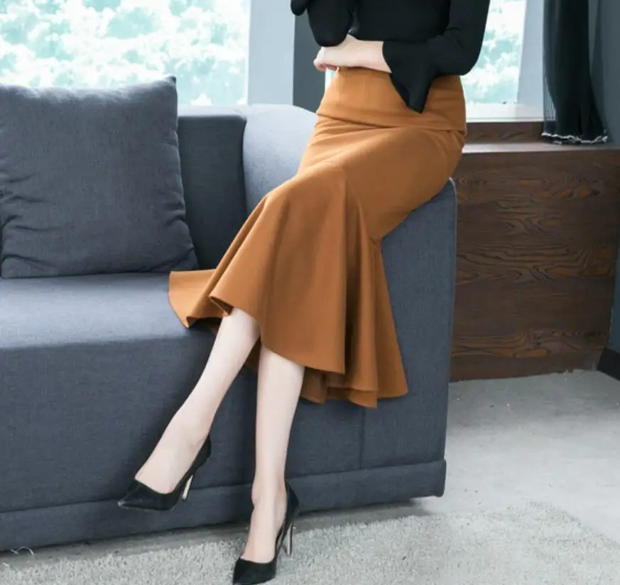 

Falda de lana con volantes para mujer, falda elegante de oficina, falda trompeta de sirena, 2021