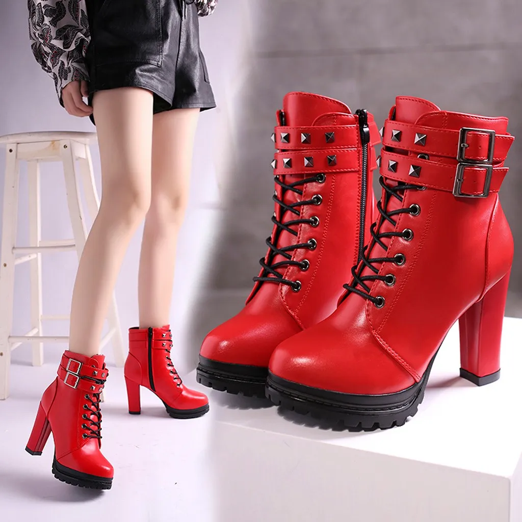 Ботинки с шнурками; красивые женские полусапожки на молнии с заклепками; однотонные повседневные женские ботинки с круглым носком; chaussures femme