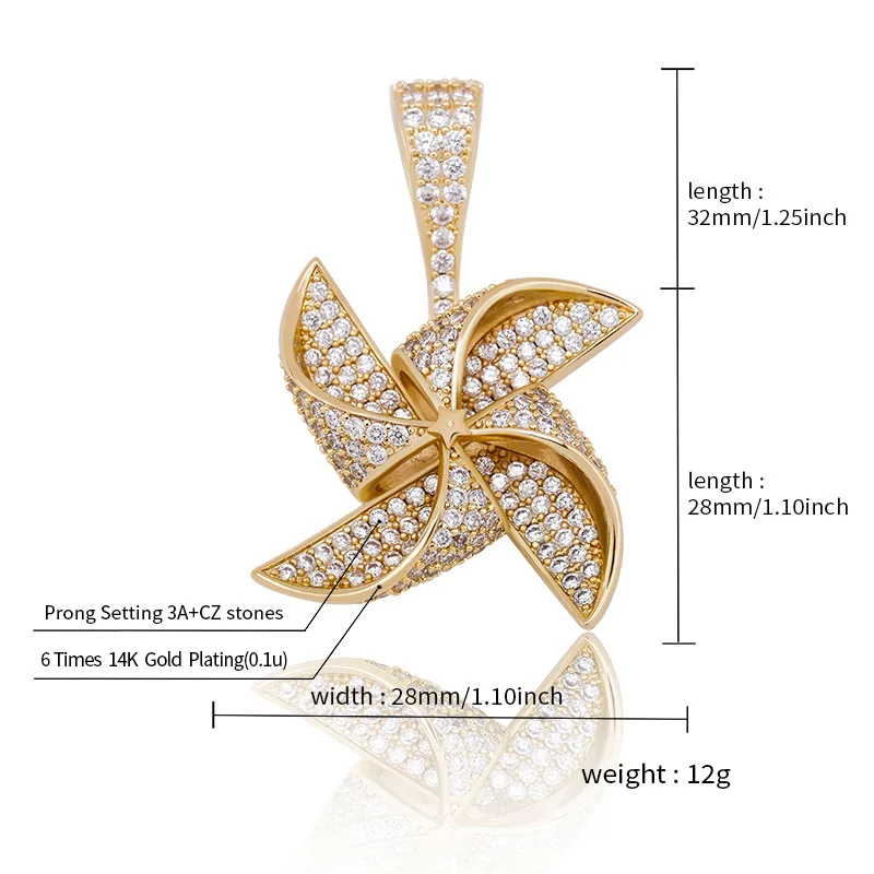 

1 Hip Hop Micro Paved AAA Cubic Zirconia Bling Iced Out Rotatable Windmill Pendants Necklaces for Men Women Rapper Jewelry