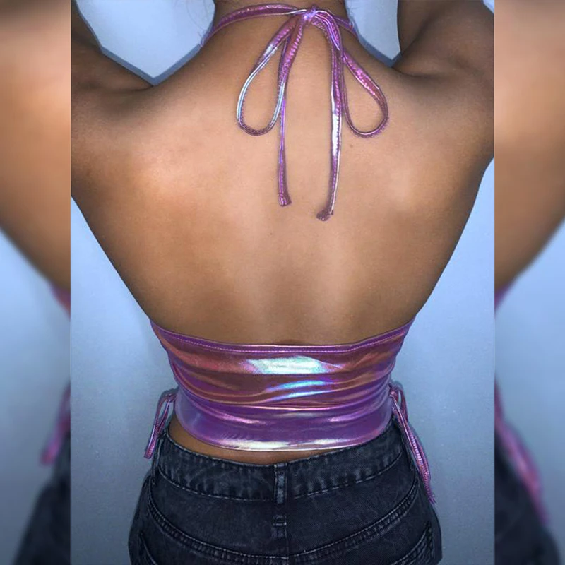 

Women's Halter Crop Top Sexy Cowl Neck Sleeveless Chain Strap Side Drawstring Laser Camisole