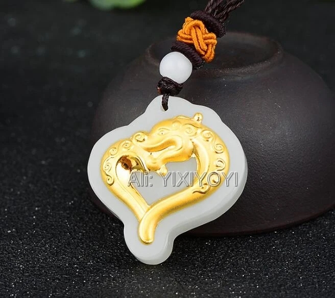 

Beautiful Natural White HeTian Jade + Solid Gold Chinese Dragon Heart Design Amulet Pendant + Free Necklace Jewelry Certificate