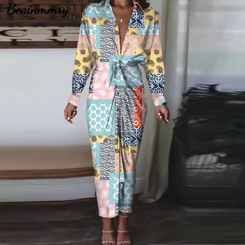 

2021 Spring Autumn Women Elegant Ruched Bandage Long Sleeve Shirt Dress Fashion Casual Female Print V Neck Button Up Maxi Dress