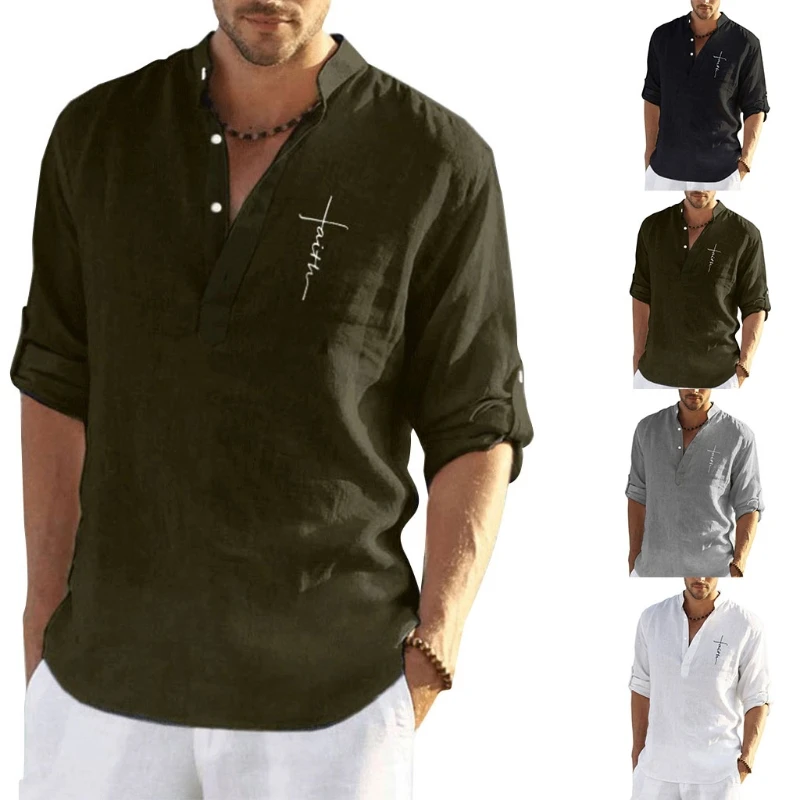 

Mens Cotton Linen Button V-Neck T Shirts Long Sleeve Hippie Beach Blouse Letters Embroidery Solid Color Pullover Tops