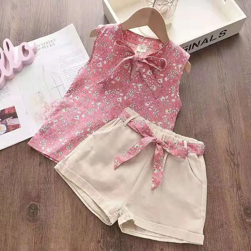 

3 5 7 9 Years Girls Clothes Set 2021 New Summer Sleeveless Print T-Shirt And Bow Shorts For Girl Kids Clothes Children Clothing