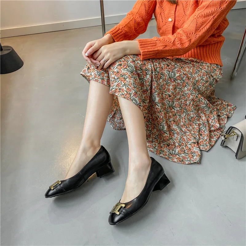 

FEDONAS Metal Decoration Shoes Woman 2021 Hot Sale Spring Newest Thick Heels Pumps Genuine Leather Wedding Basic Women Shoes