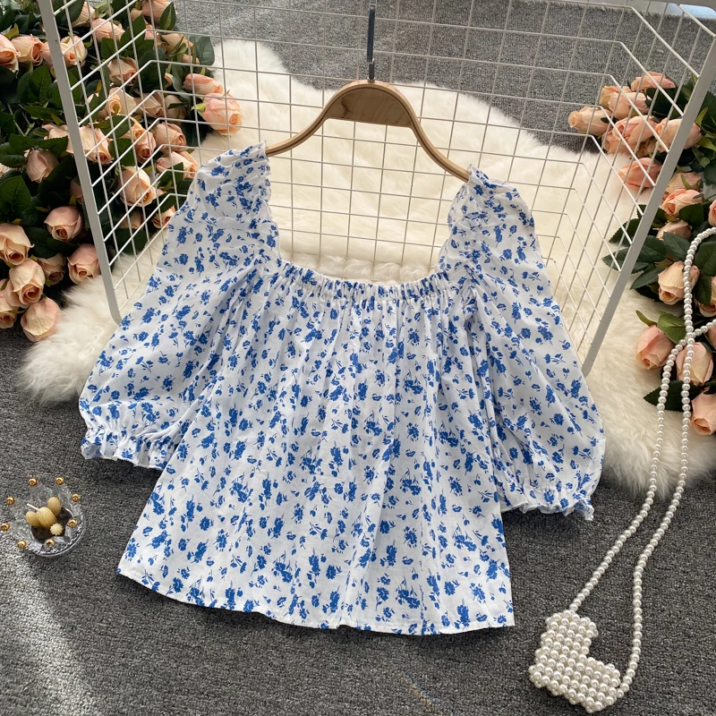 

French age reducing bubble sleeve top women's summer 2021 new sweet floral loose and versatile holiday style baby shirt