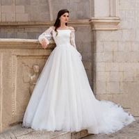 thinyfull new arrival boat neck wedding dresses long puffy sleeve a line bride dresses tulle button lace appliques bridal gown