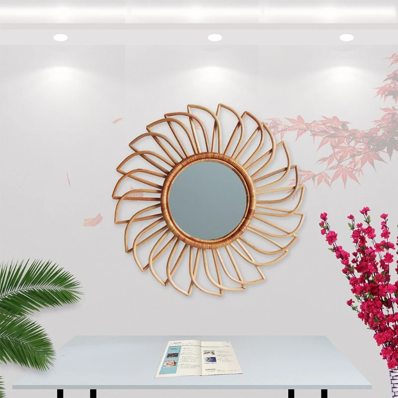 Espelho de Maquiagem Rattan Inovador Arte Decoração Redonda Vestir Parede Espelho Adereços A9lb