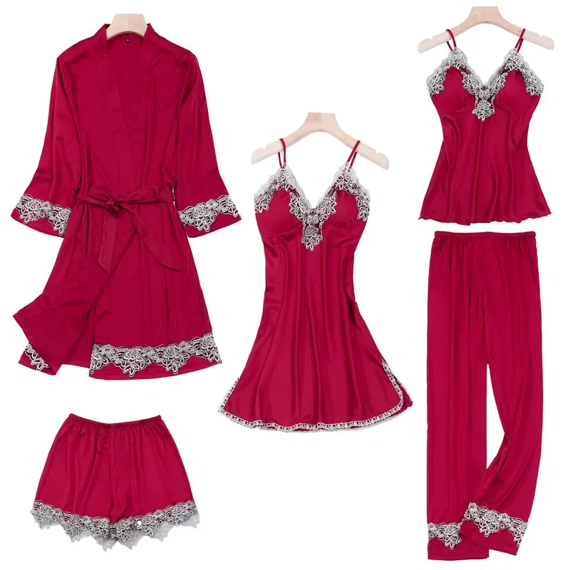 

Комплект женский атласный из 5 предметов, пикантный банный халат-кимоно, шелковый халат, нижнее белье, повседневная одежда для отдыха, мягка...