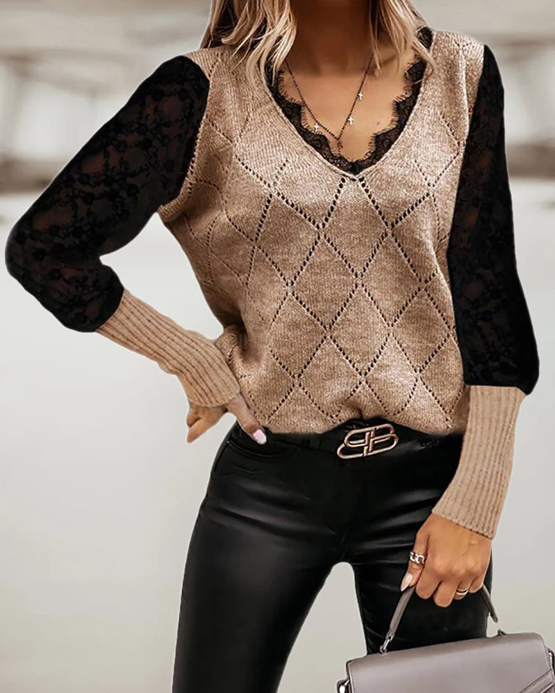 

Женский трикотажный свитер с круглым вырезом, элегантный повседневный теплый пуловер с длинными рукавами, украшенный бусинами и жемчужина...