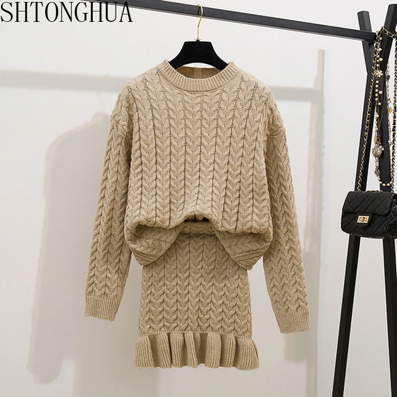 2020 Осень Зима Большой вязаный комплект из двух частей женский толстый свободный