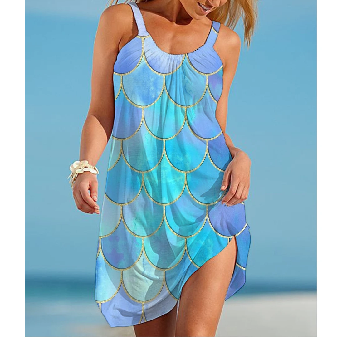 Balık köpek Paws 3D baskı seksi kadınlar plaj elbise Hawaii Boho o-boyun kolsuz elbise yaz Vintage Beachwear kadın parti elbiseler