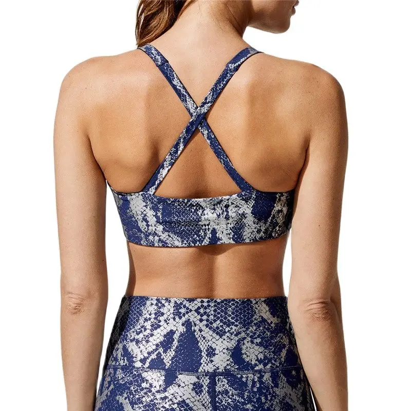 

Bronzing Snake Print Sports Bras Women Cross Underwear Beauty Back Push Up Yoga Vest Running Gym Fitness Workout Tops