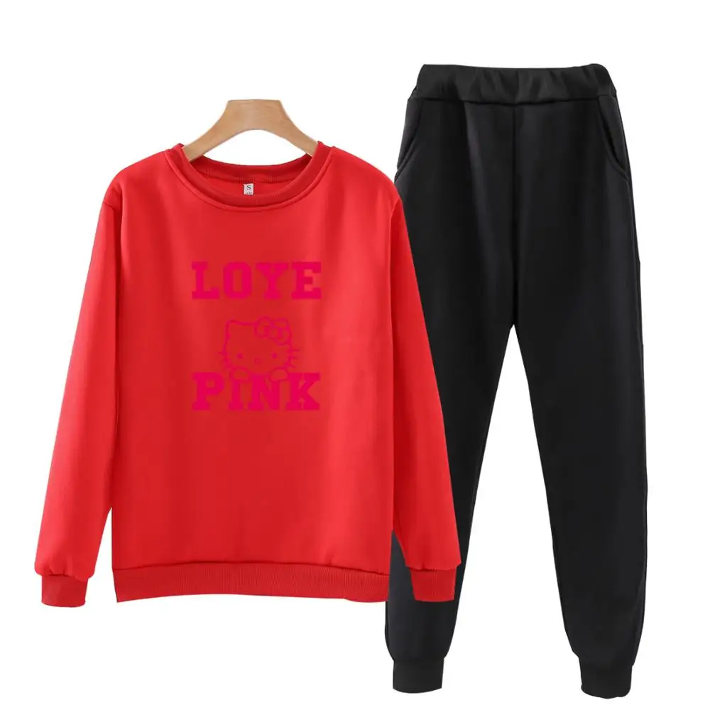 P106 осенний спортивный костюм hello-kitty, толстовки с длинными рукавами, комплект из 2 предметов, повседневный спортивный костюм, женский спортивный костюм - Цвет: Red
