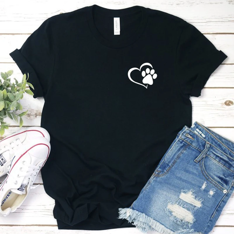 

Женские рубашки с принтом собачьей кошки лапы сердца карманов Kawaii Повседневная забавная футболка Летняя хлопковая модная футболка для дев...