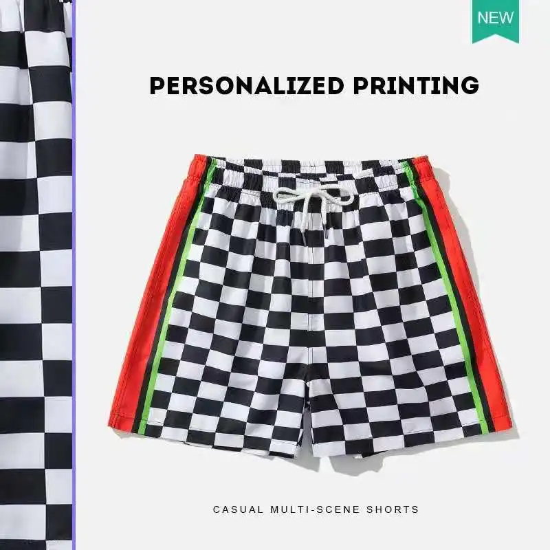 

The men's black and white checked print women's swimsuit shorts with loose double-decker beach pants are popular for summer 2021