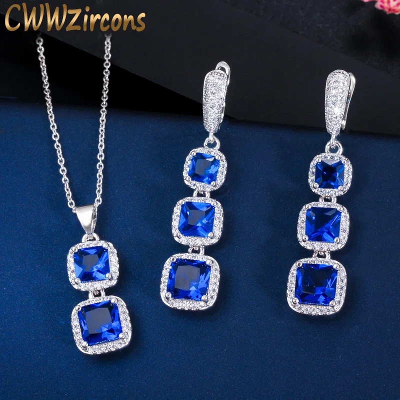 CWWZircons Элегантный квадратный Королевский синий кубический цирконий висячие серьги подвеска ожерелье дамский костюм Ювелирные наборы T354