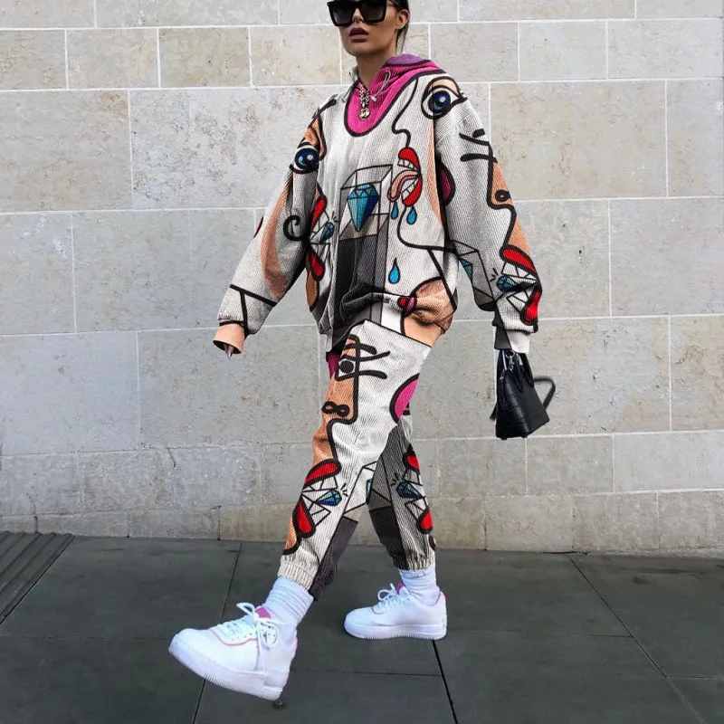 

Corduroy Two-Piece Women's Hooded Long-Sleeved Top And Harem Pants Matching Suit Fashion Digital Printing Casual Suit 2021 New