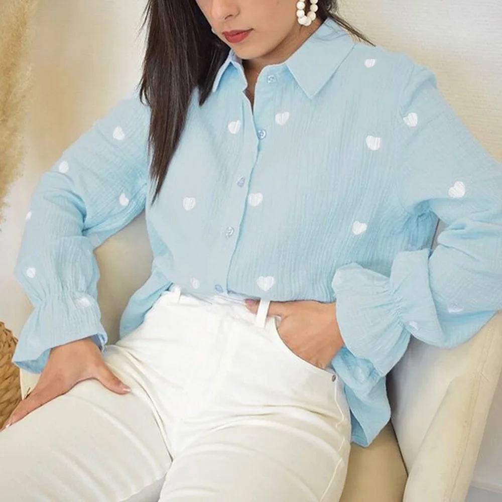 

Fashion New Casual Turn Down Collar Blouses Women Elegant Long Sleeve Shirts Women Red Heart Embroidery Tops Ladies
