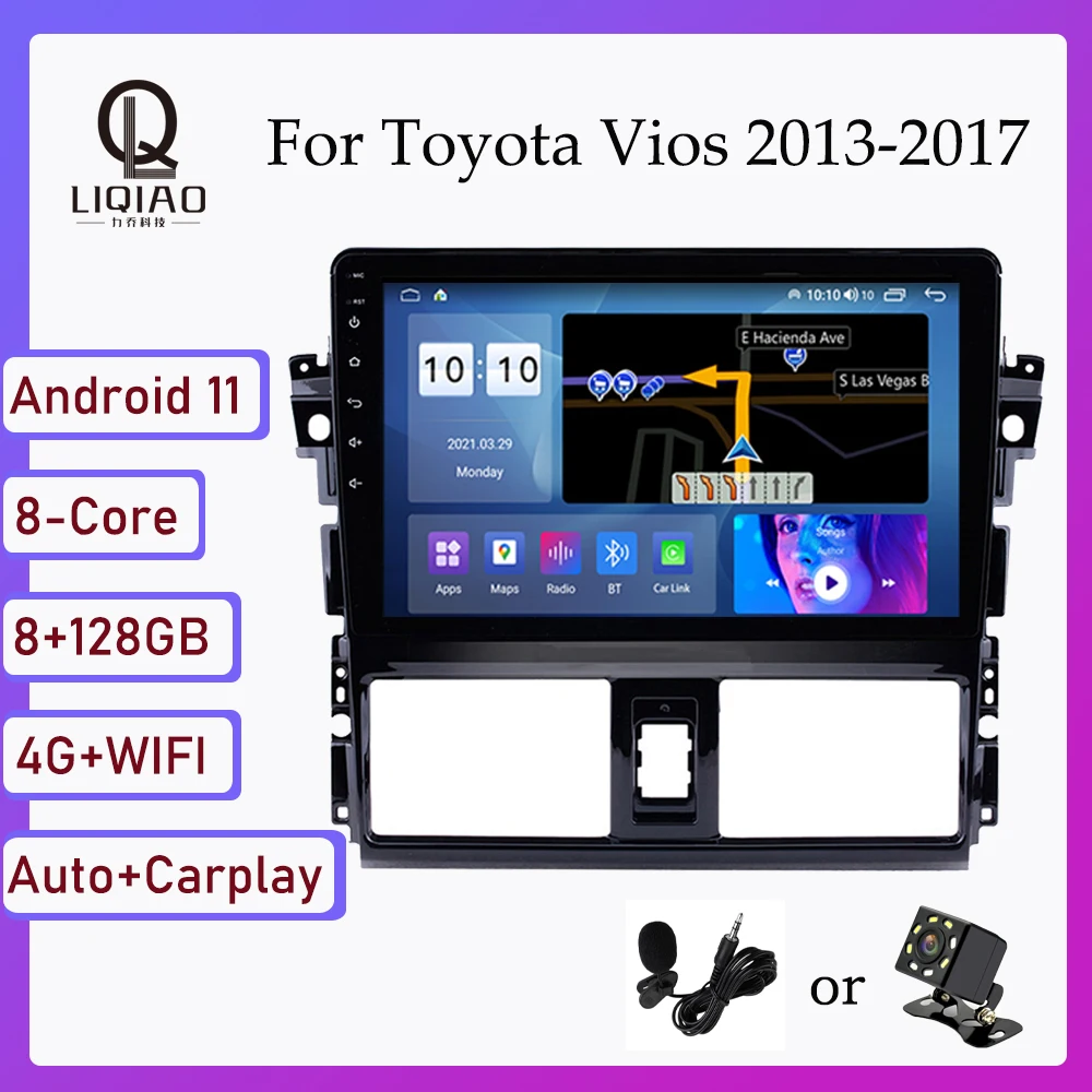 Radio con GPS para coche, reproductor con pantalla táctil IPS completa de 10,1 pulgadas, Carplay inalámbrico, sin DVD, 2 din, para Toyota Vios Yaris 2013, 2014, 2015, 2016, 2017