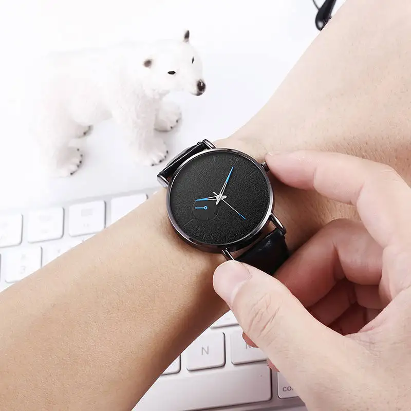 Модные черные мужские часы с кожаным ремешком кварцевые деловые наручные модные