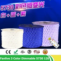 50mlot 120ledsm led dimmable flexible strip light smd 57305630 ac220v 3 color change blue warm white purple tape light