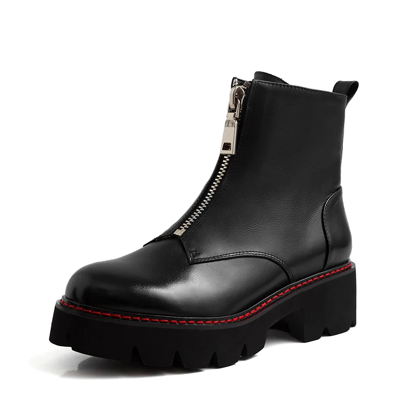 Женские ботинки; ботинки из натуральной кожи; черные ботинки Martens; женские ботильоны; мотоботы; зимняя обувь на платформе и толстом каблуке