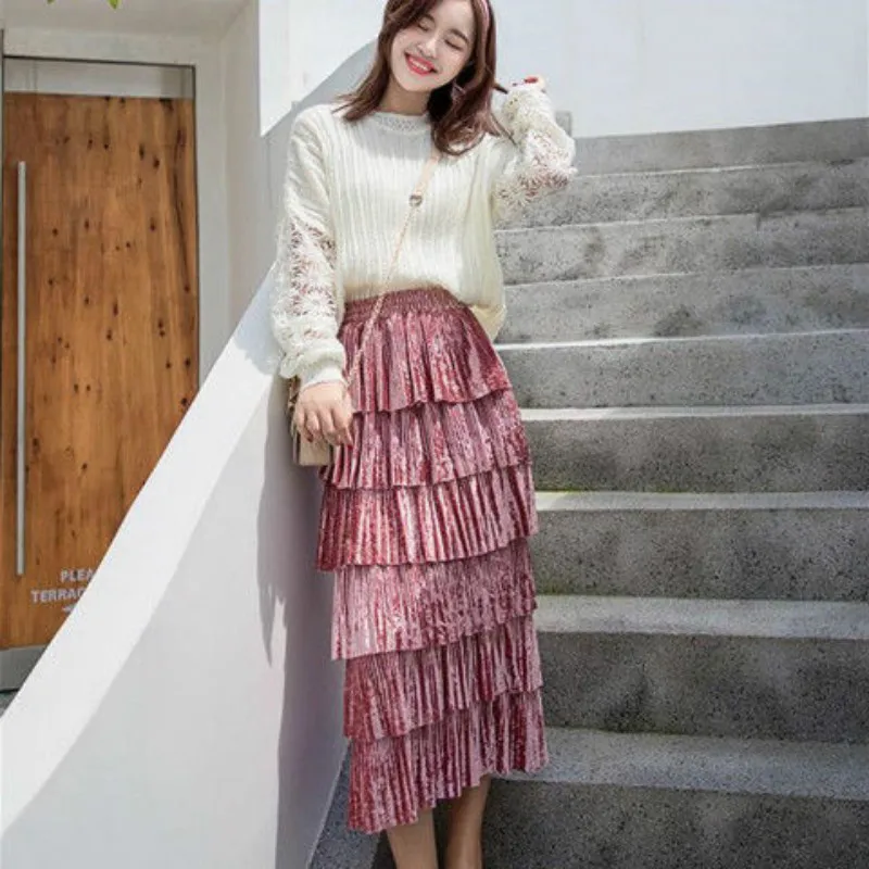 

2021 New Winter Korean Edition Joker Elastic High Waisted Skirt Pleated Cake Multi-level Pleuche Skirts Female Skirt Y146