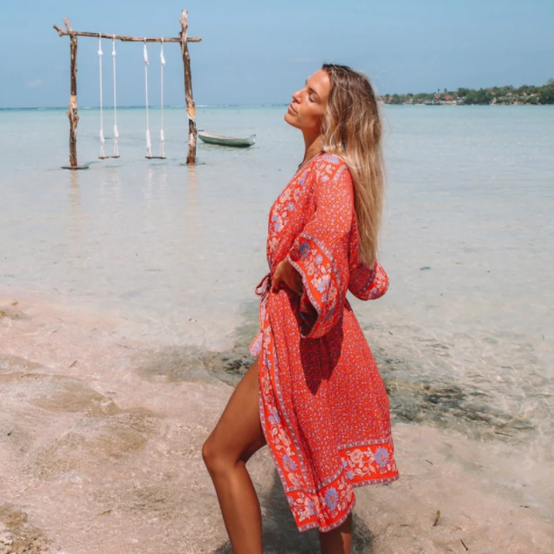 Женское винтажное богемное кимоно с цветочным принтом поясом V образным вырезом