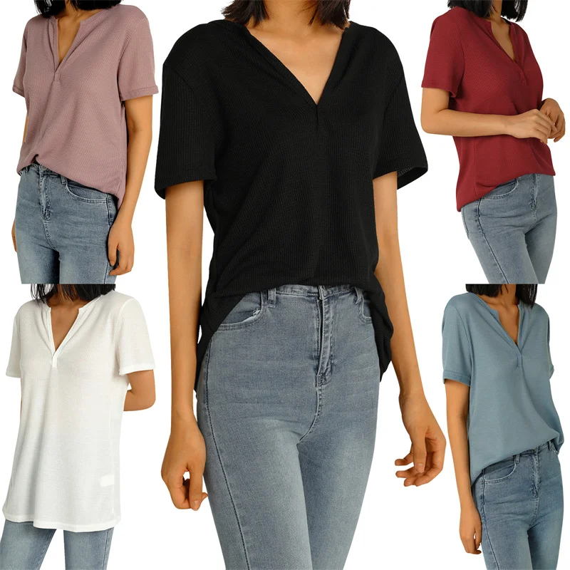 

hirigin New Summer Casual Women Solid Color Tees Loose Ribbed V-Neck T-shirt Casual Female Pullover Tops Plus Size Basic T-shirt