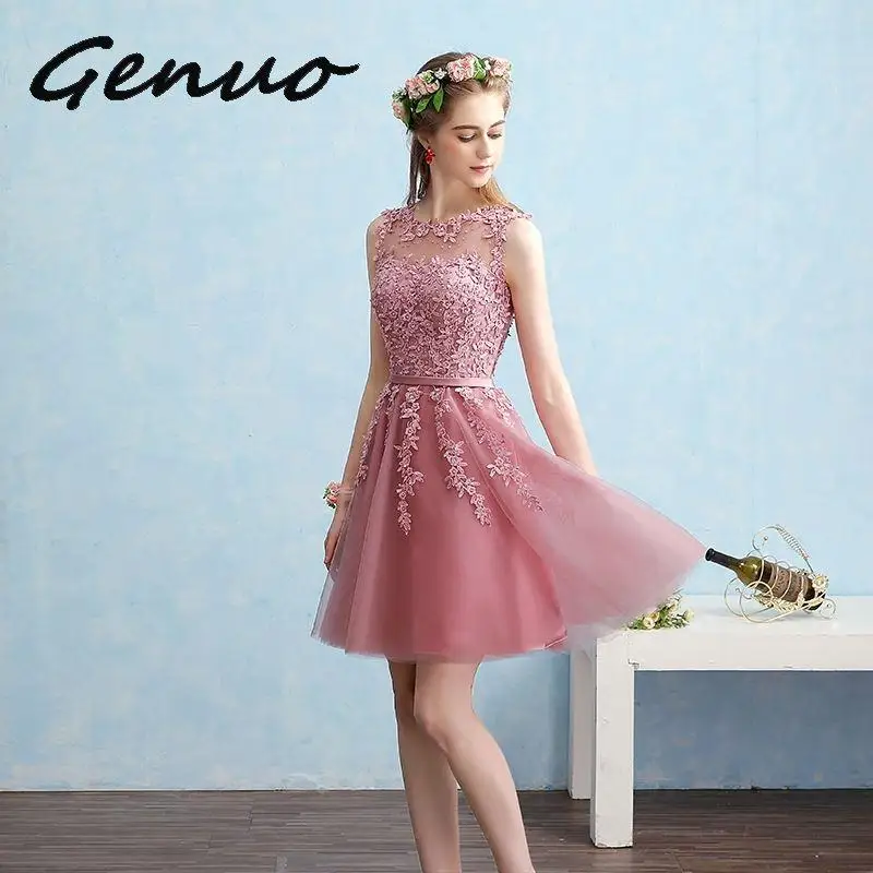 

Genuo New Hot Sell Elegant Knee Length Elegant Women Girls Dresses Appliques Beads Formal Party Dresses Pink Red Light Blue