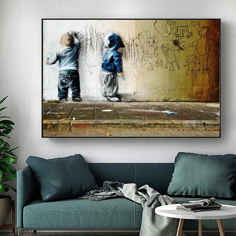 

Abstract Banksy Graffiti Art Kids Boys Sparring Scrawl Art Poster and Print Canvas Printing Wall Art Pictures for Living Room