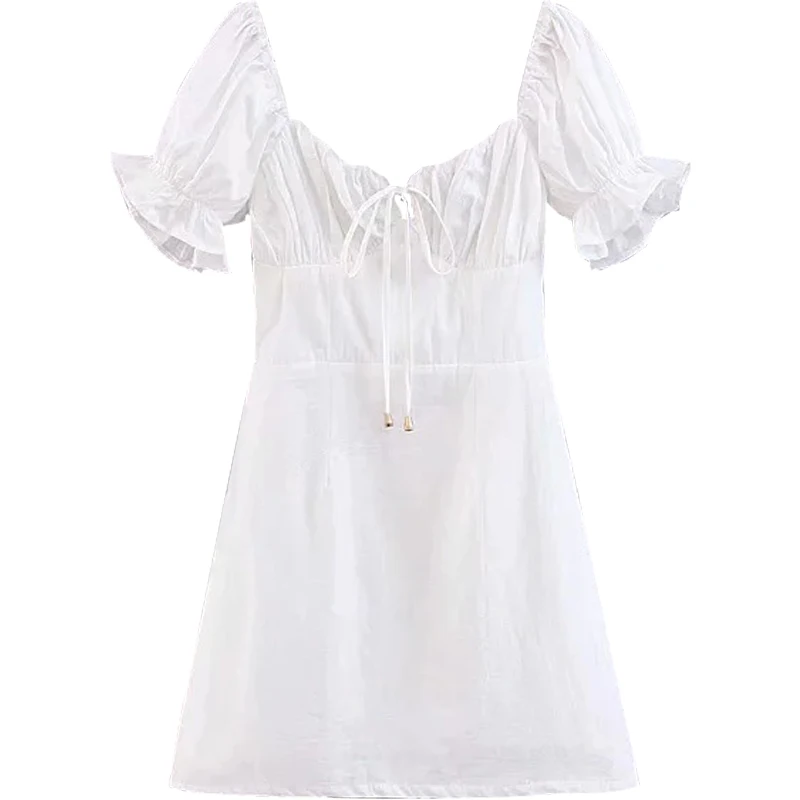 

2021 Summer French Retro Boho Tie Neck Mini Sexy White Women Dress Elegant Puff Sleeve Y2k Casual Party Beach Light Dresses Robe