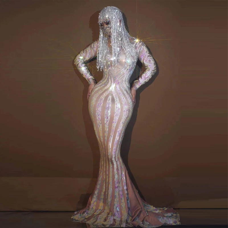 

Women Sparkly Dress Stage Costume For Singer Sequins Crystal Fringe Wig Headwear Sexy Nightclub Rave Outfit Host Wear VDB3857