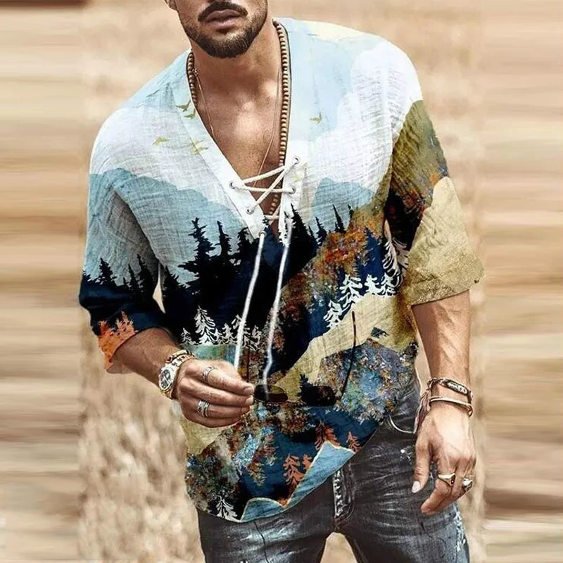 

2021 Summer Mens Clothing Fashion Vintage Landscape Printing Half Sleeve Tee Shirt Casual Drawstring V-Neck Loose Tops Pullovers