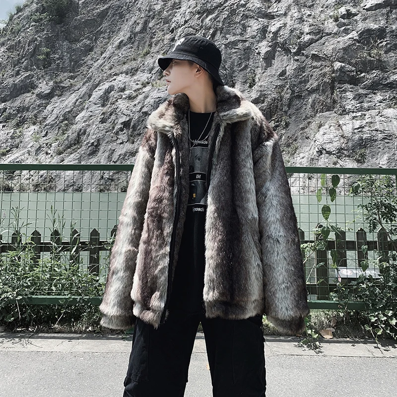 

New Winter Men's Faux Fur Thick Warm Coat Turn-down Collar Loose M33