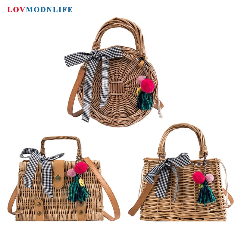 

Straw Bag Handbags Women Square Round Summer 2019 Female Circle Woven Beach Rattan Shoulder Bags Tote Tassel Handmade Bohemia