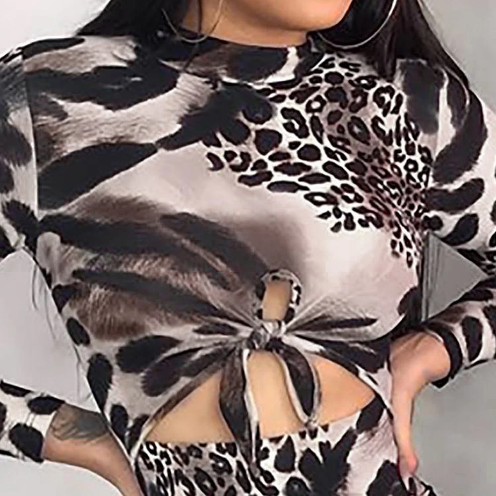 Women Long Sleeve Bandage Bodycon Evening Party Club Short Mini Dress Leopard Print Sexy Female | Женская одежда