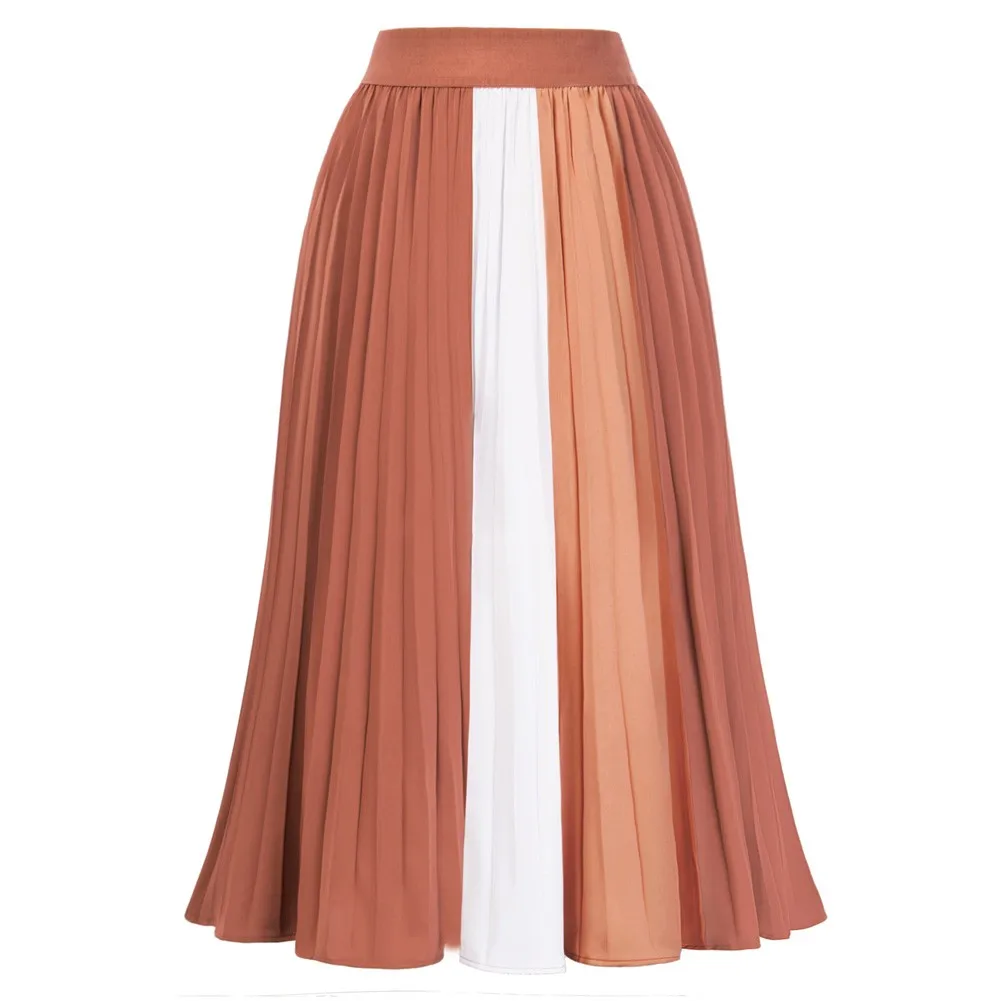 

Kate Kasin Women Various Contrast Color Patchwork Swing Skirt Elastic Waist Pleated A-Line Skirt