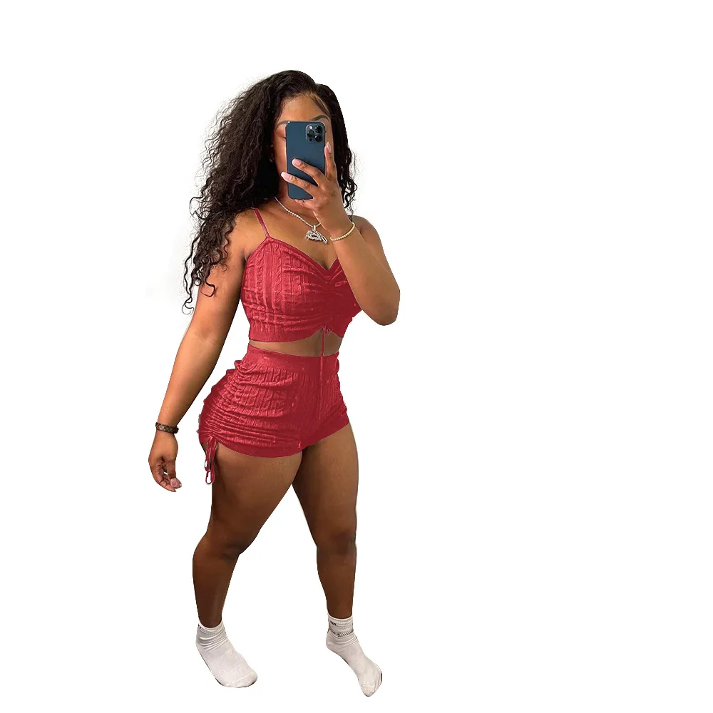 

Casaul Biker Two Piece Set Spaghetti Strap Solid Color Crop Tank Top + Short Pants Summer Clothes For Women Outfit