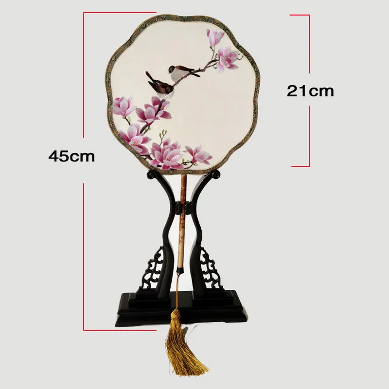 Шелковая вышивка Круглый Вентилятор дна Дворец розовое дерево бамбук в