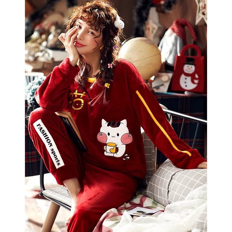 Adults Autumn Winter Women Pyjamas Sets Thick Warm Pajamas Suit Flannel Long Sleeve Female Soft Coral Velvet Pants Sleepwear