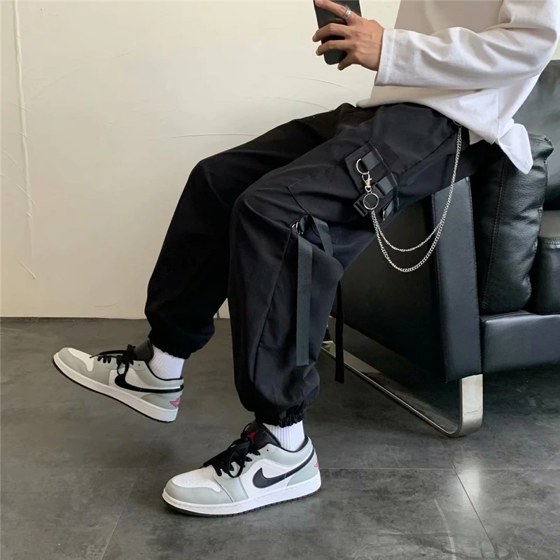 Men's Side Pockets Cargo Harem Pants 2022 New Ribbons Black Hip Hop Casual Male Joggers Trousers Fashion Casual Streetwear Pants