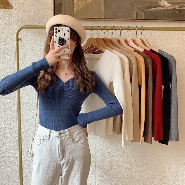 

Real Shot Autumn and Winter New Slim V-neck Pullover Long Sleeve Needle