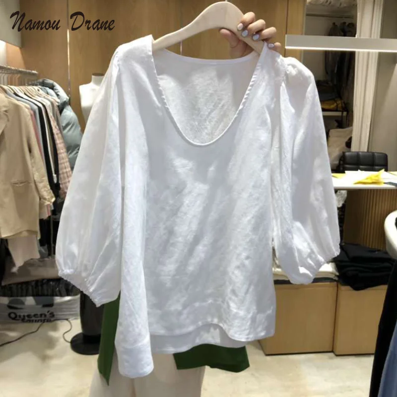 

New Summer Design Korean Dongdaemun Loose Casual Bubble Sleeve Small Fresh and Simple Temperament College Style Shirt blusas