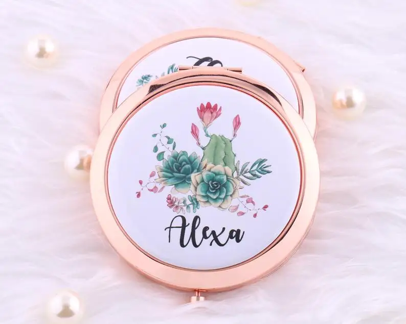 Персонализированные компактное зеркало ваше имя акварель кактус сочные