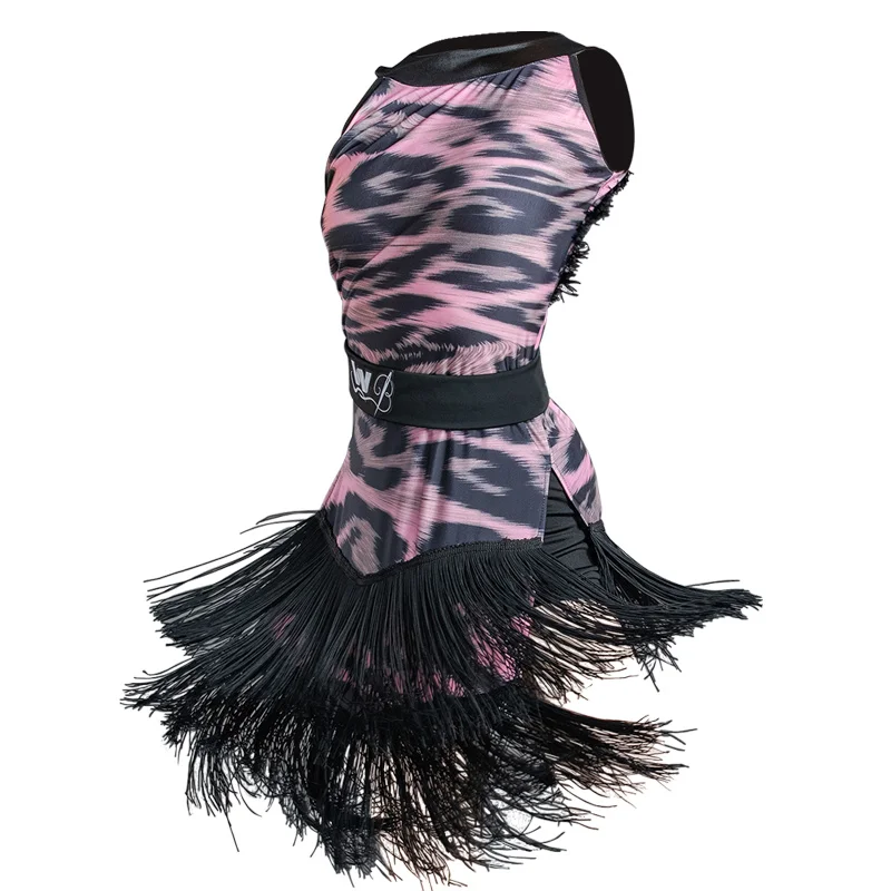 

Latin Dance Dress Kids Salsa Tango Rumba Cha Cha Samba Show Wear Girls Pink Leopard Print Tassel Competition Dresses DN5866