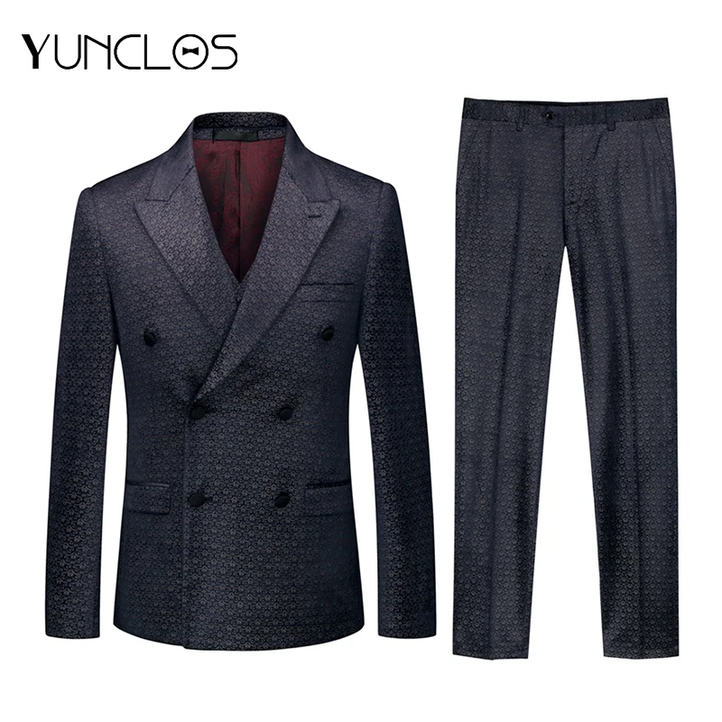 

Мужские костюмы с темно-синим рисунком yunклос, двубортная Мужская Свадебная куртка с закрытым воротником + жилет + брюки