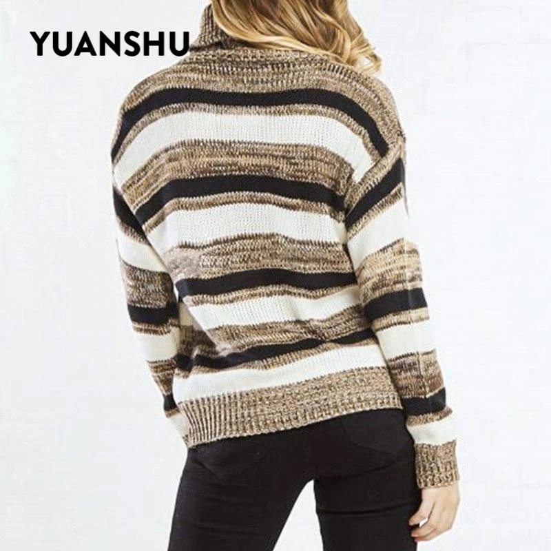 YUANSHU Casual Stripe Women Sweater 2019 Autumn Winter Turtle Sweaters Female Warm Knitted Pullover Jumper Fashion Knitwear | Женская